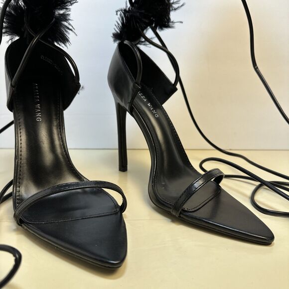 AZALEA WANG CLEASBY FEATHER SANDAL BLACK WRAP Stiletto HEEL Sz 7 New Year's Eve - Picture 2 of 12